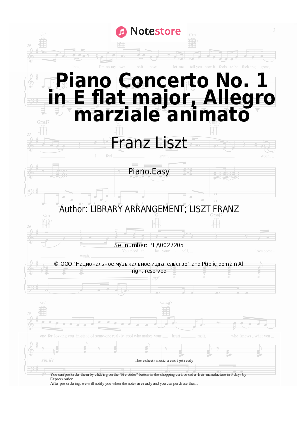 Easy sheet music Franz Liszt - Piano Concerto No. 1 in E flat major, Allegro marziale animato - Piano.Easy