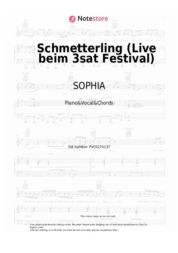 Schmetterling (Live beim 3sat Festival) - SOPHIA Piano Sheet Music with the Vocal and Chords - Piano&Vocal&Chords