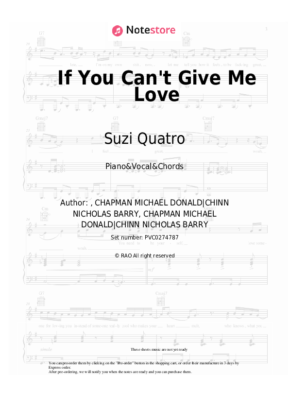 If You Can't Give Me Love - Suzi Quatro Piano Sheet Music with the Vocal and Chords - Piano&Vocal&Chords