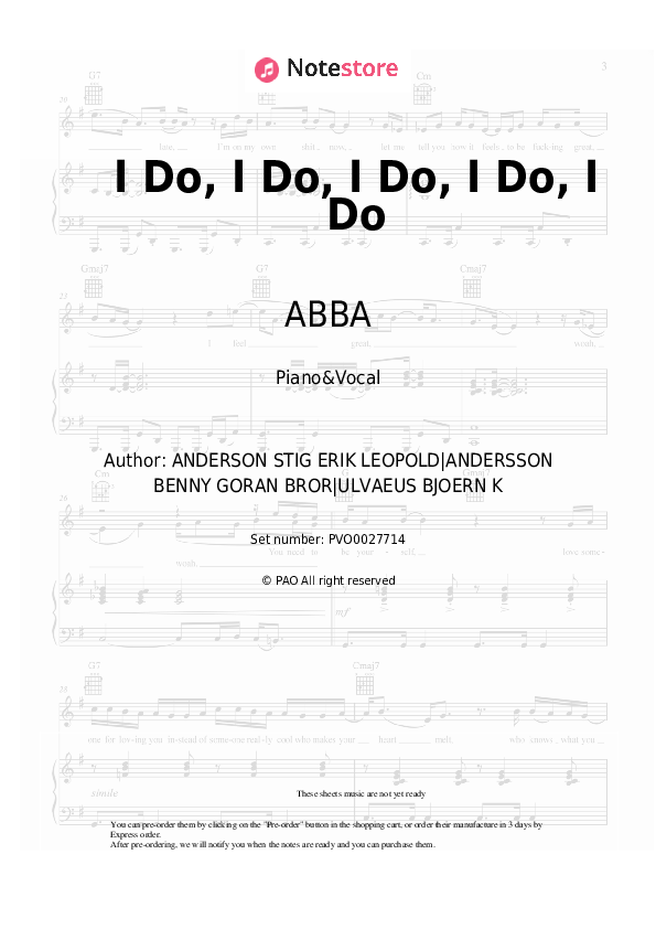 Sheet music with the voice part ABBA - I Do, I Do, I Do, I Do, I Do - Piano&Vocal