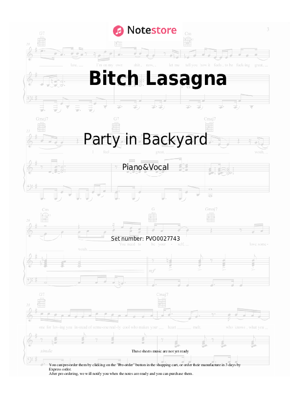 Sheet music with the voice part PewDiePie, Party in Backyard - Bitch Lasagna - Piano&Vocal