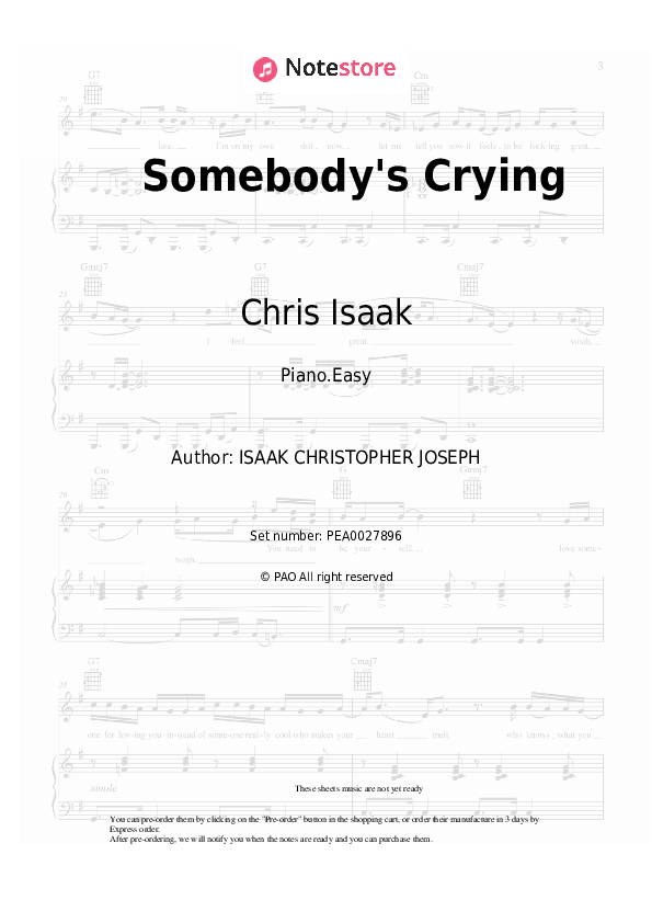 Easy sheet music Chris Isaak - Somebody's Crying - Piano.Easy