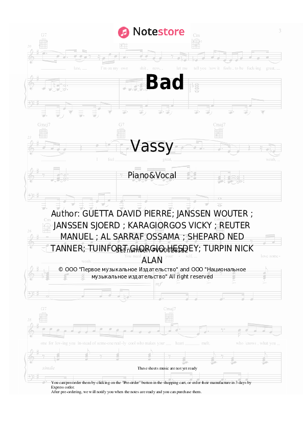 Sheet music with the voice part David Guetta, Showtek, Vassy - Bad - Piano&Vocal