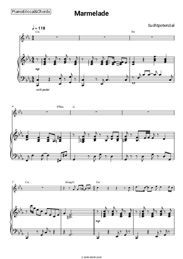 Marmelade - Suchtpotenzial Piano Sheet Music with the Vocal and Chords - Piano&Vocal&Chords