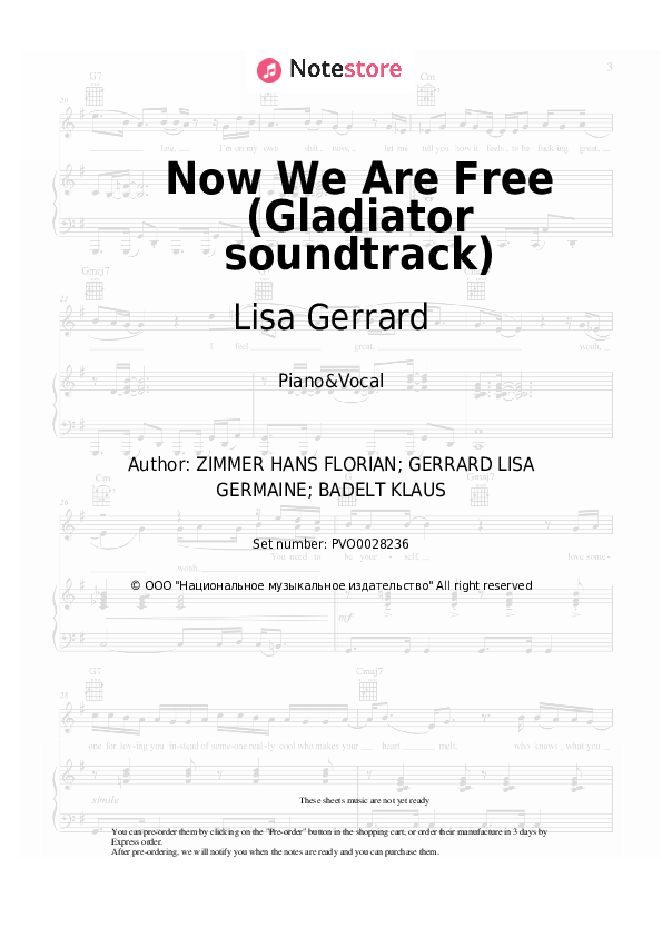 Sheet music with the voice part Hans Zimmer, Klaus Badelt, Lisa Gerrard - Now We Are Free (Gladiator soundtrack) - Piano&Vocal