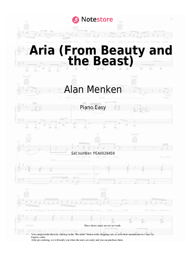 Easy sheet music Alan Menken - Aria (From Beauty and the Beast) - Piano.Easy
