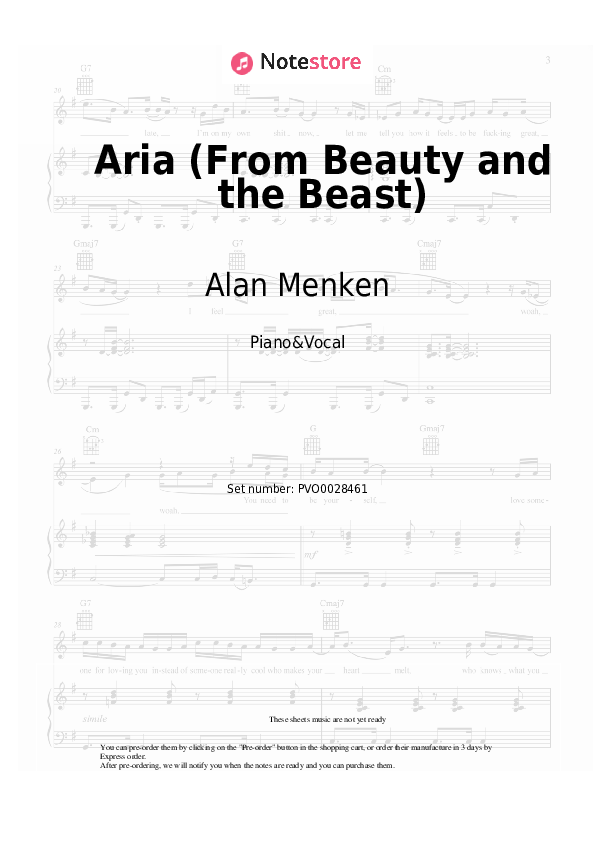 Aria (From Beauty and the Beast) - Alan Menken Piano Sheet Music with the Voice part - Piano&Vocal