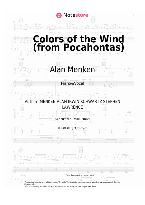 Colors of the Wind (from Pocahontas) - Alan Menken Piano Sheet Music with the Voice part - Piano&Vocal