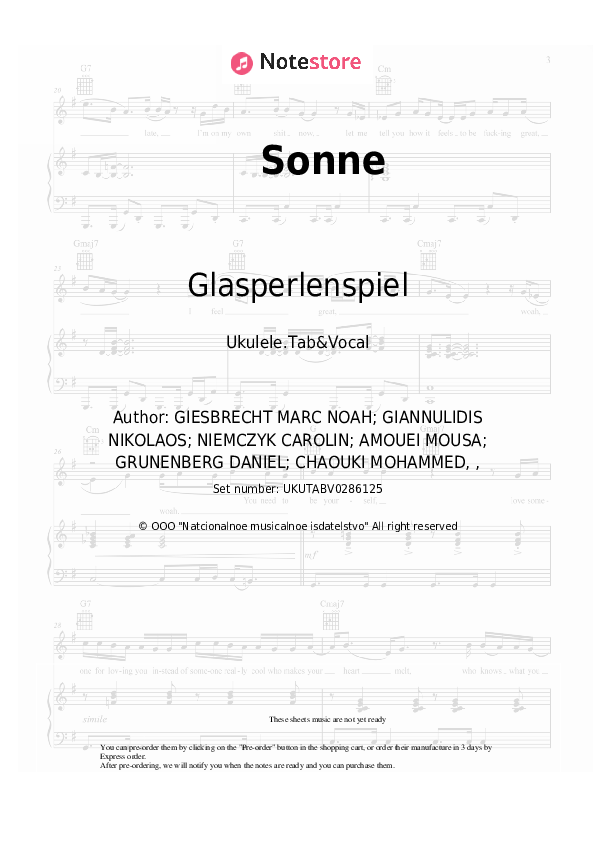 Sonne - Glasperlenspiel, Moe Phoenix Sheet Music - Ukulele.Tab&Vocal