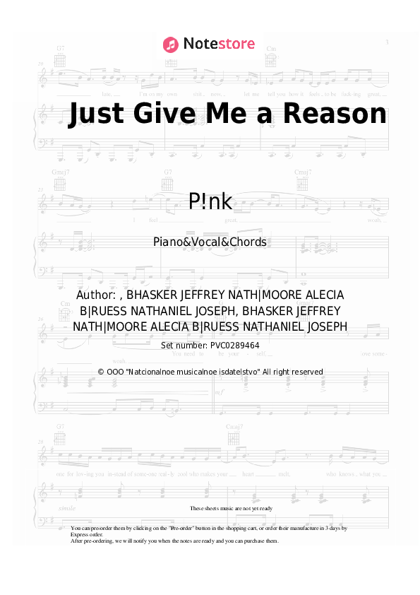 Just Give Me a Reason - P!nk Piano Sheet Music with the Vocal and Chords - Piano&Vocal&Chords