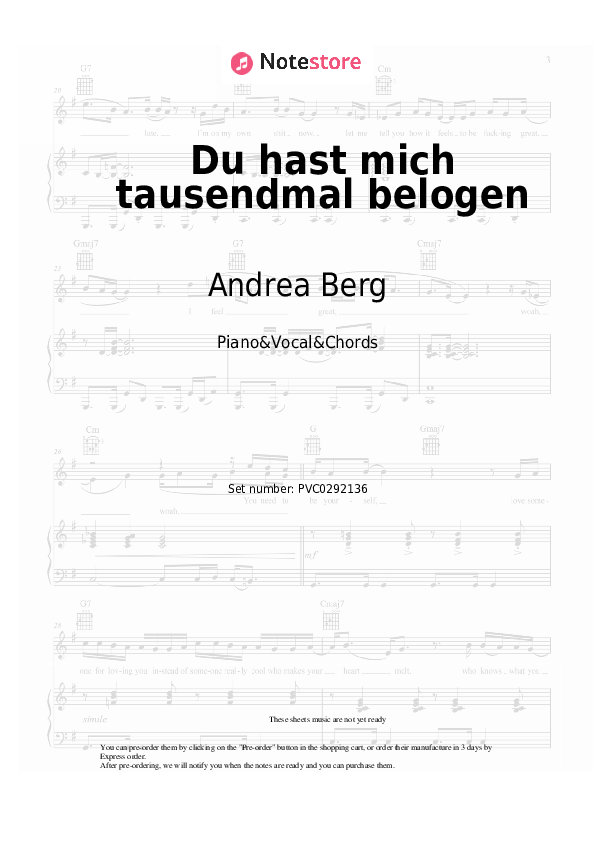 Du hast mich tausendmal belogen - Andrea Berg Piano Sheet Music with the Vocal and Chords - Piano&Vocal&Chords
