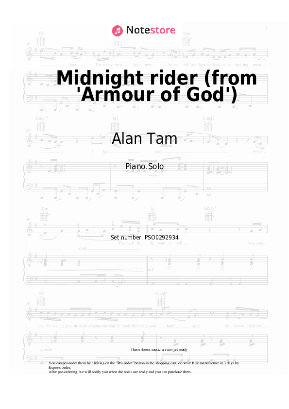 Midnight rider (from 'Armour of God') - Alan Tam Piano Sheet Music - Piano.Solo