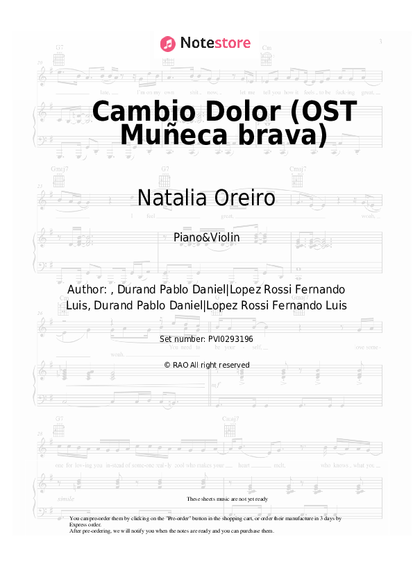 Cambio Dolor (OST Muñeca brava) - Natalia Oreiro Piano Sheet Music and Violin - Piano&Violin