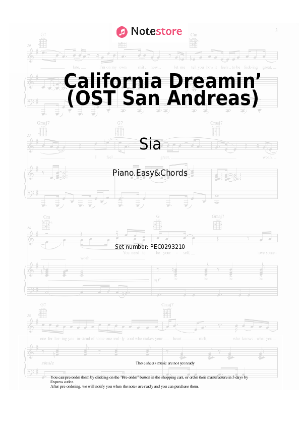 California Dreamin’ (OST San Andreas) - Sia Sheet Music Easy and Chords - Piano.Easy&Chords