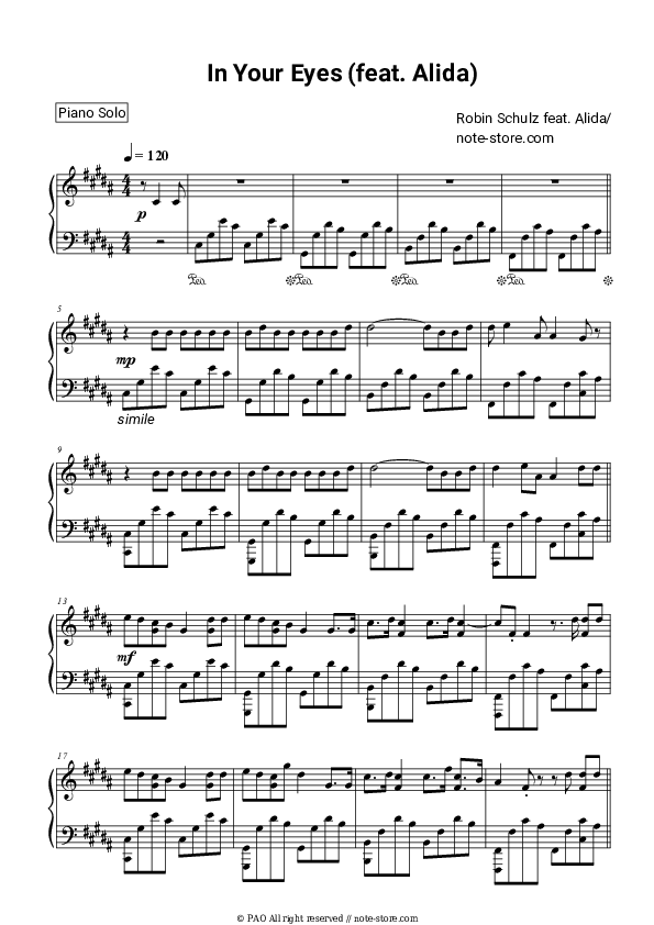 Sheet music Robin Schulz, Alida - In Your Eyes - Piano.Solo