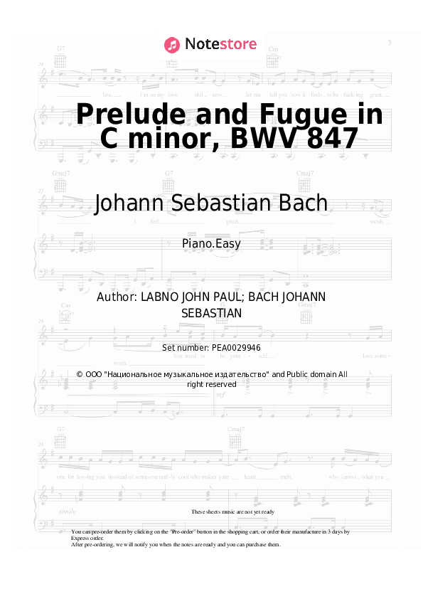Easy sheet music Johann Sebastian Bach - Prelude and Fugue in C minor, BWV 847 - Piano.Easy