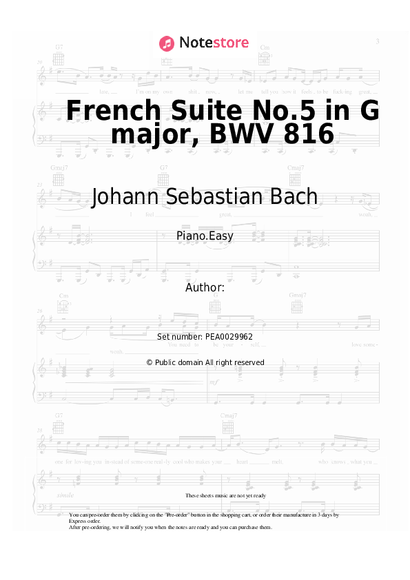 Easy sheet music Johann Sebastian Bach - French Suite No.5 in G major, BWV 816 - Piano.Easy