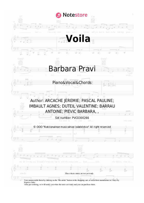 Voila - Barbara Pravi Piano Sheet Music with the Vocal and Chords - Piano&Vocal&Chords