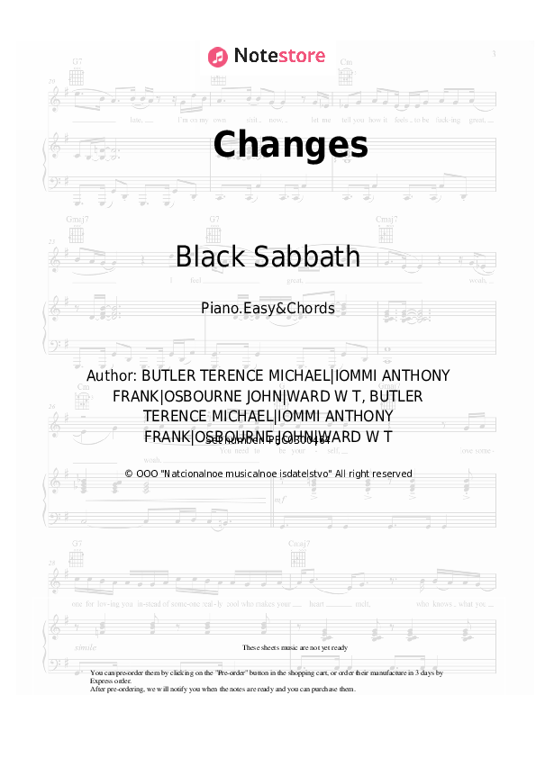 Changes - Black Sabbath Sheet Music Easy and Chords - Piano.Easy&Chords