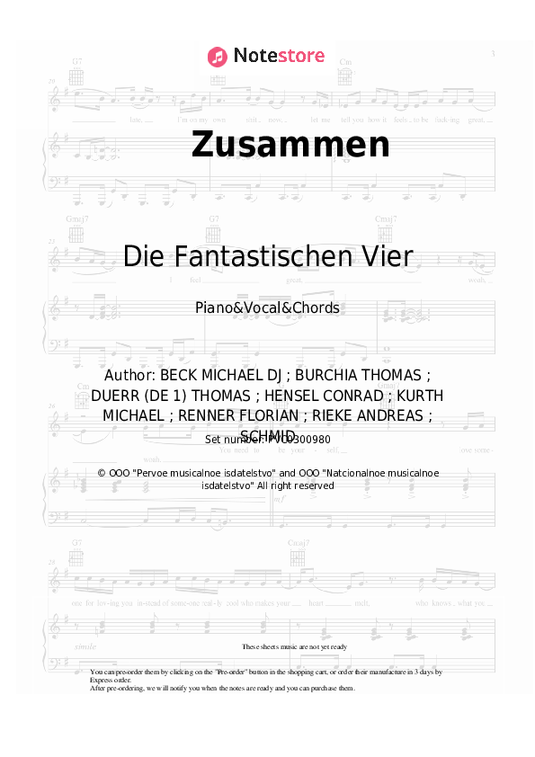 Zusammen - Die Fantastischen Vier, Clueso Piano Sheet Music with the Vocal and Chords - Piano&Vocal&Chords