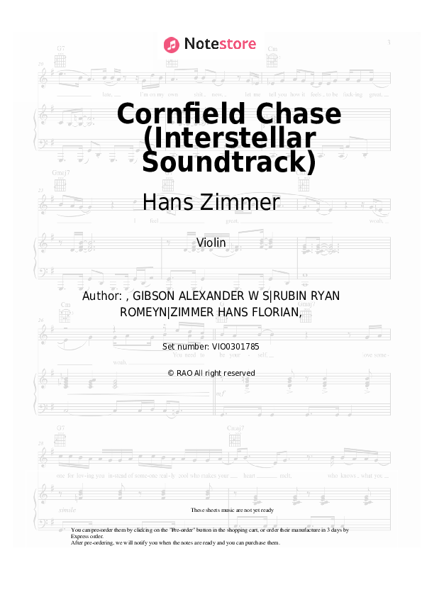 Cornfield Chase (Interstellar Soundtrack) - Hans Zimmer Violin Sheet Music - Violin