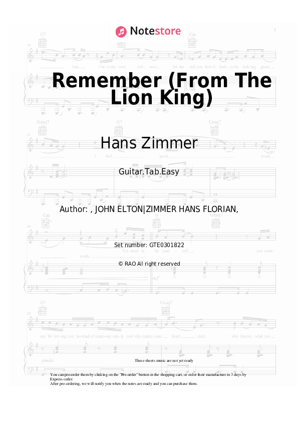 Remember (From The Lion King) - Hans Zimmer, Lebo M. Tabs Easy - Guitar.Tab.Easy