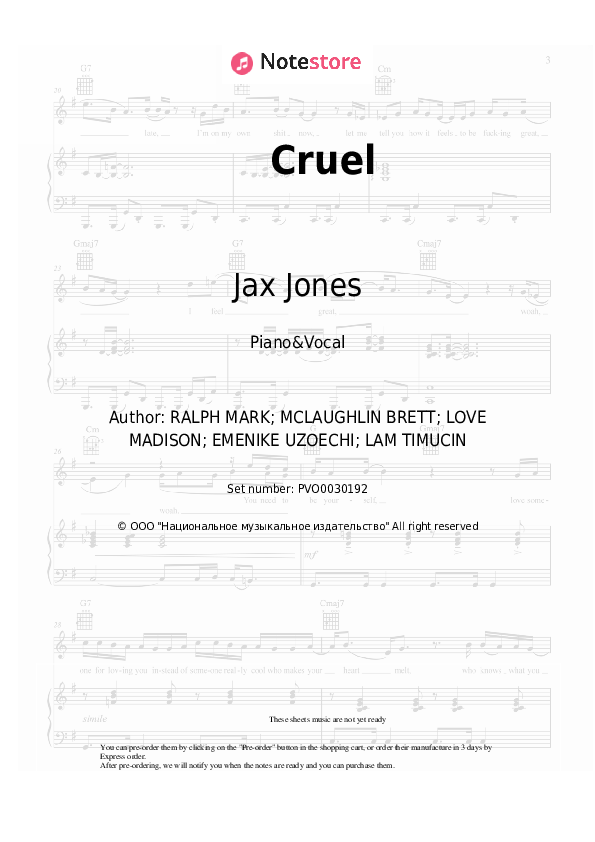 Sheet music with the voice part Jax Jones - Cruel - Piano&Vocal