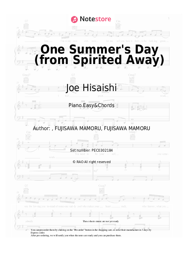 One Summer's Day (from Spirited Away) - Joe Hisaishi Sheet Music Easy and Chords - Piano.Easy&Chords