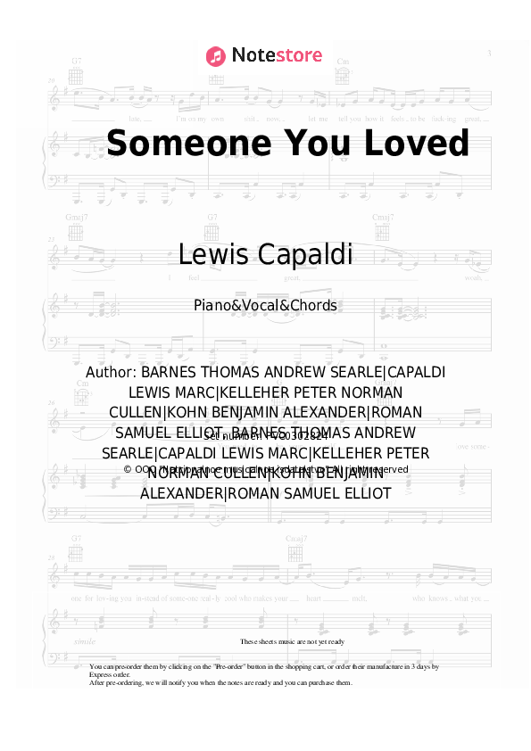 Someone You Loved - Lewis Capaldi Piano Sheet Music with the Vocal and Chords - Piano&Vocal&Chords