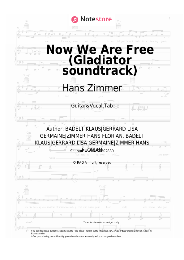 Now We Are Free (Gladiator soundtrack) - Hans Zimmer, Klaus Badelt, Lisa Gerrard Chords and Voice - Guitar&Vocal.Tab