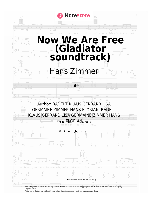 Now We Are Free (Gladiator soundtrack) - Hans Zimmer, Klaus Badelt, Lisa Gerrard Flute Sheet Music - Flute