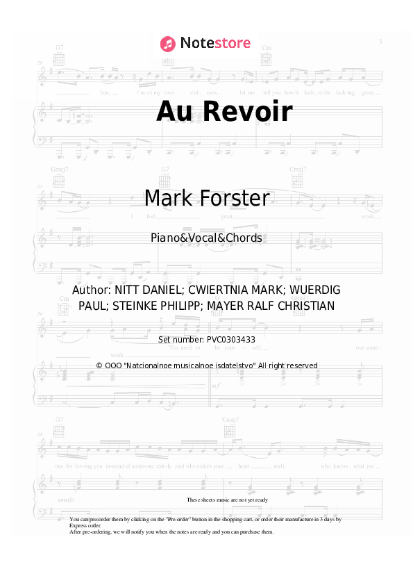 Au Revoir - Mark Forster, Sido Piano Sheet Music with the Vocal and Chords - Piano&Vocal&Chords