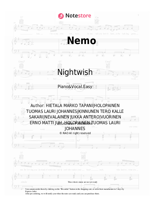 Nemo - Nightwish Piano Sheet Music Easy and Vocal - Piano&Vocal.Easy