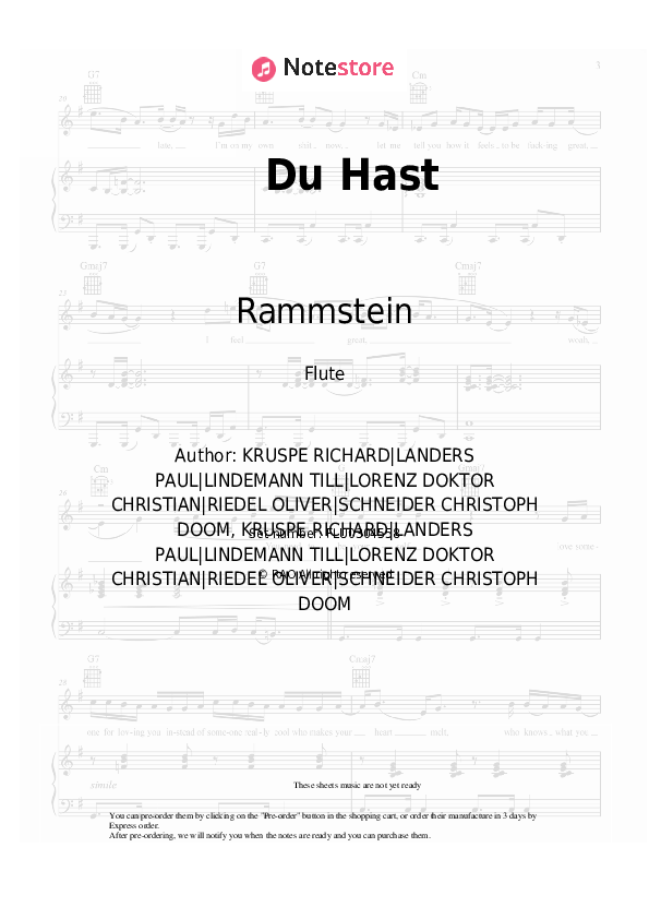 Du Hast - Rammstein Flute Sheet Music - Flute