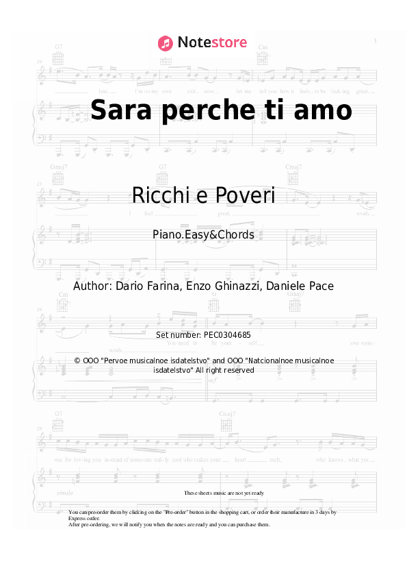 Sara perche ti amo - Ricchi e Poveri Sheet Music Easy and Chords - Piano.Easy&Chords