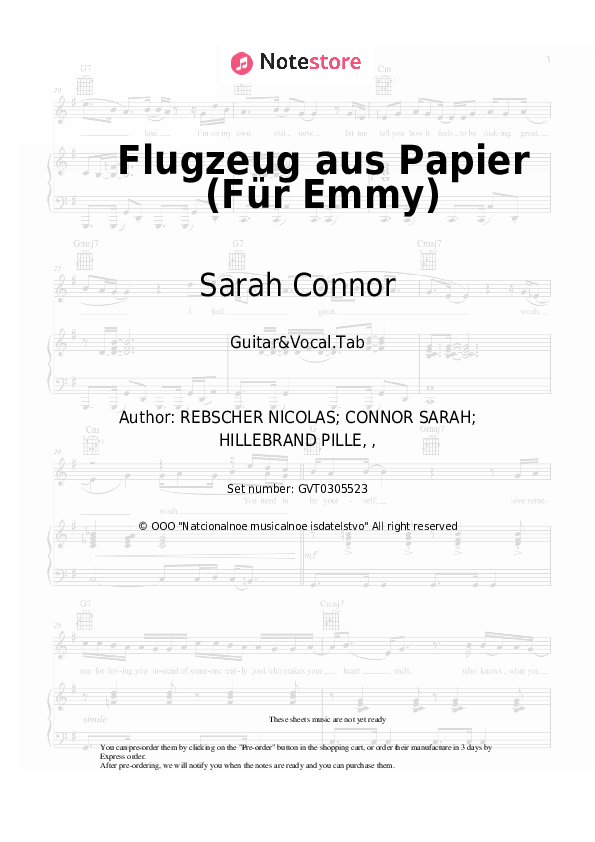 Flugzeug aus Papier (Für Emmy) - Sarah Connor Chords and Voice - Guitar&Vocal.Tab