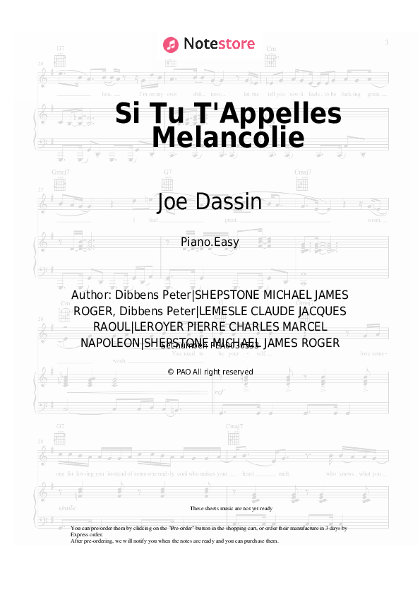Easy sheet music Joe Dassin - Si Tu T'Appelles Melancolie - Piano.Easy