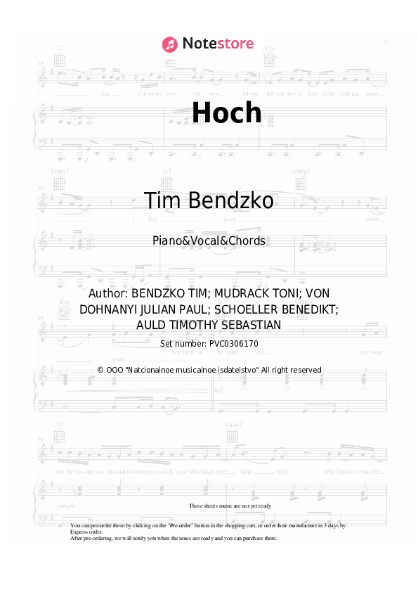 Hoch - Tim Bendzko Piano Sheet Music with the Vocal and Chords - Piano&Vocal&Chords