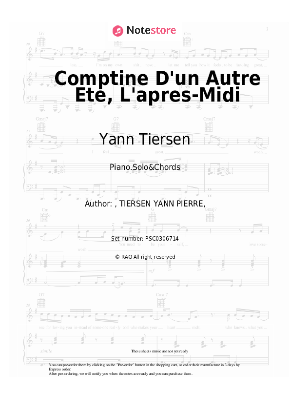 Comptine D'un Autre Ete, L'apres-Midi - Yann Tiersen Piano Sheet Music and Chords - Piano.Solo&Chords