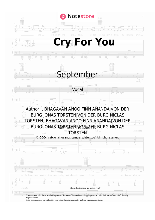 Cry For You - September Vocal Sheet Music - Vocal