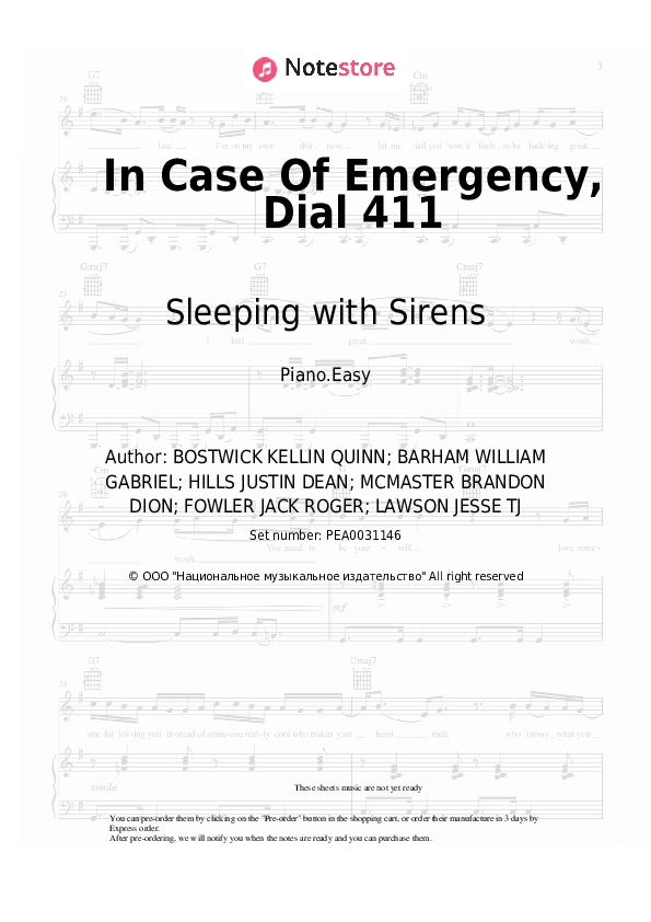 Easy sheet music Sleeping with Sirens - In Case Of Emergency, Dial 411 - Piano.Easy