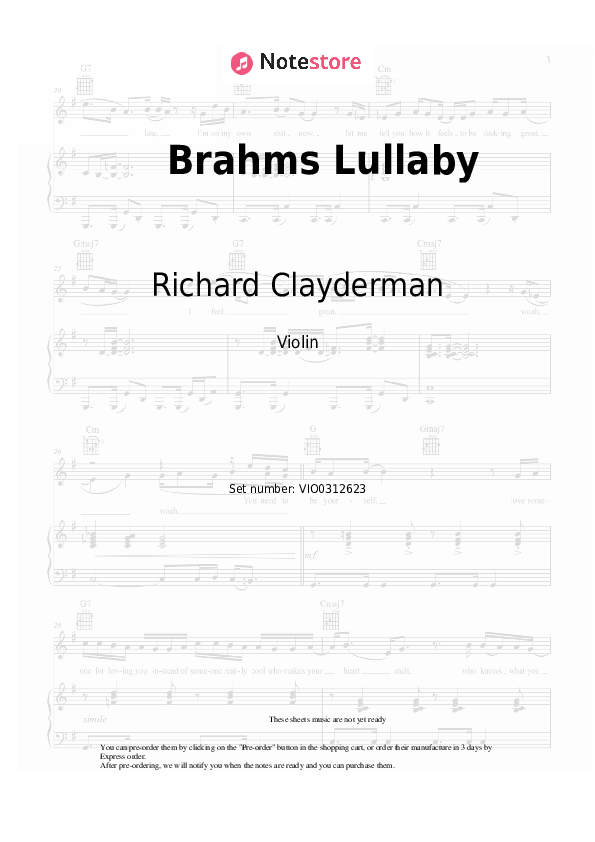Brahms Lullaby - Richard Clayderman Violin Sheet Music - Violin