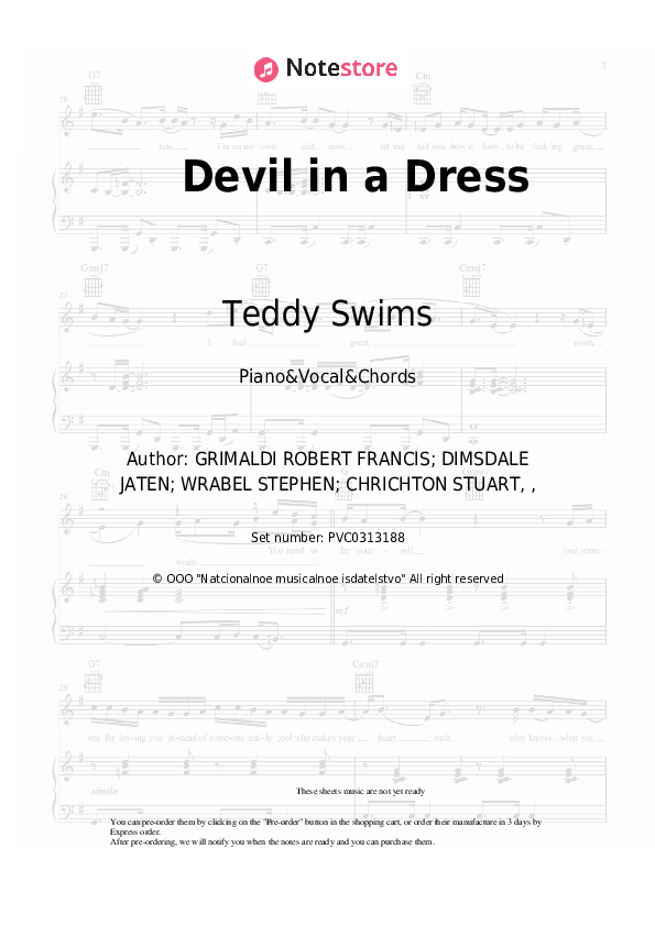 Devil in a Dress - Teddy Swims Piano Sheet Music with the Vocal and Chords - Piano&Vocal&Chords