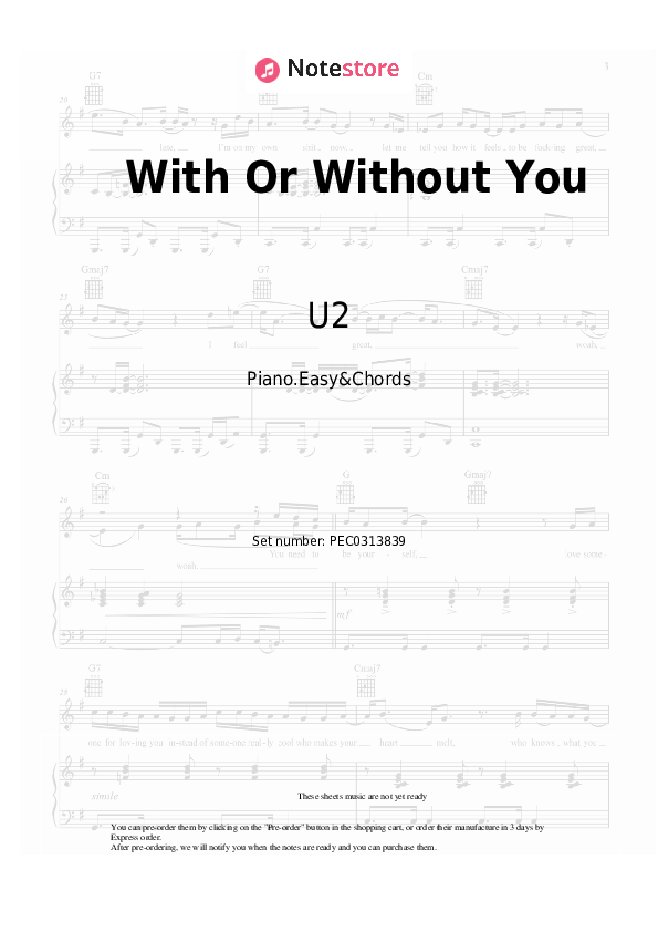 With Or Without You - U2 Sheet Music Easy and Chords - Piano.Easy&Chords