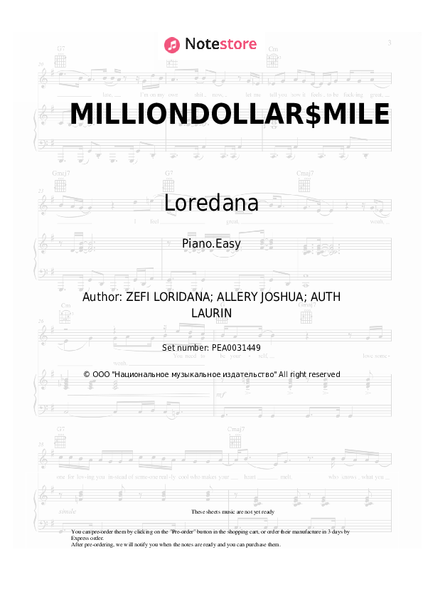 Easy sheet music Loredana - MILLIONDOLLAR$MILE - Piano.Easy