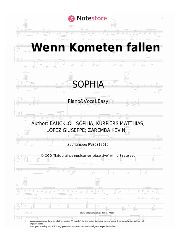 Wenn Kometen fallen - SOPHIA Piano Sheet Music Easy and Vocal - Piano&Vocal.Easy