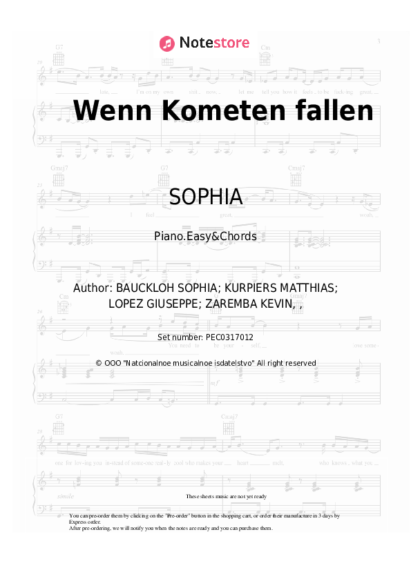 Wenn Kometen fallen - SOPHIA Sheet Music Easy and Chords - Piano.Easy&Chords
