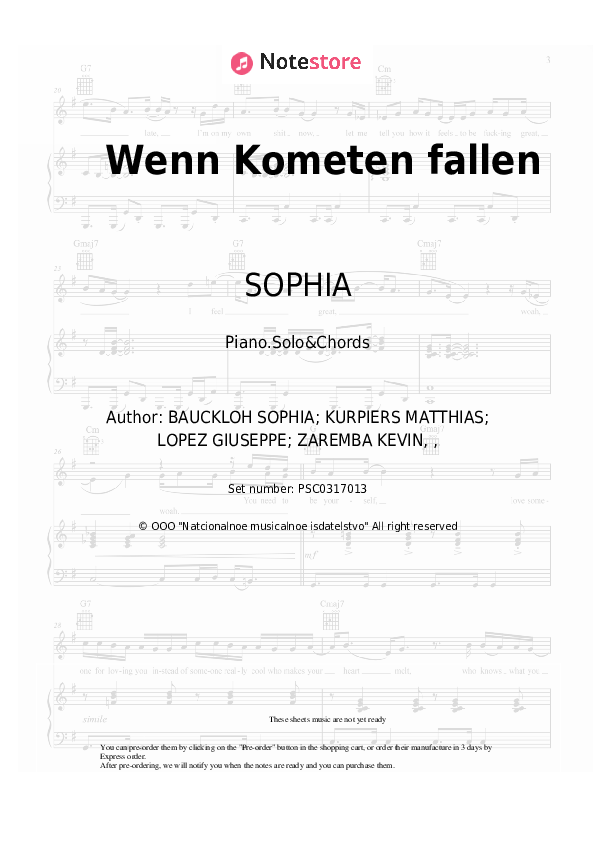 Wenn Kometen fallen - SOPHIA Piano Sheet Music and Chords - Piano.Solo&Chords