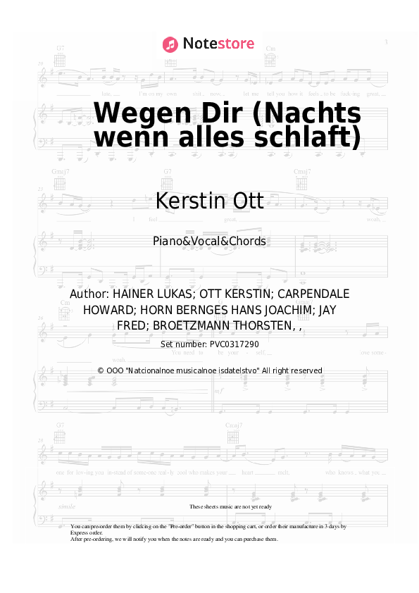 Wegen Dir (Nachts wenn alles schlaft) - Kerstin Ott Piano Sheet Music with the Vocal and Chords - Piano&Vocal&Chords