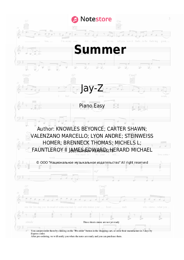 Easy sheet music Beyonce, Jay-Z - Summer - Piano.Easy